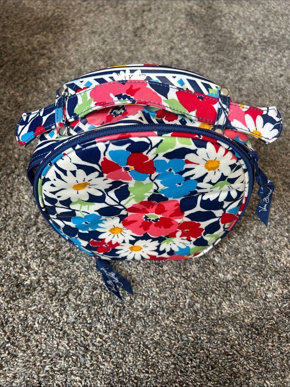 Round Floral Cosmetic Bag with Top Handle in Navy & Red